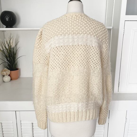Vintage Handknit Cream Textured Puff Sleeve Cardigan Sweater Size S/M - Picture 4 of 6